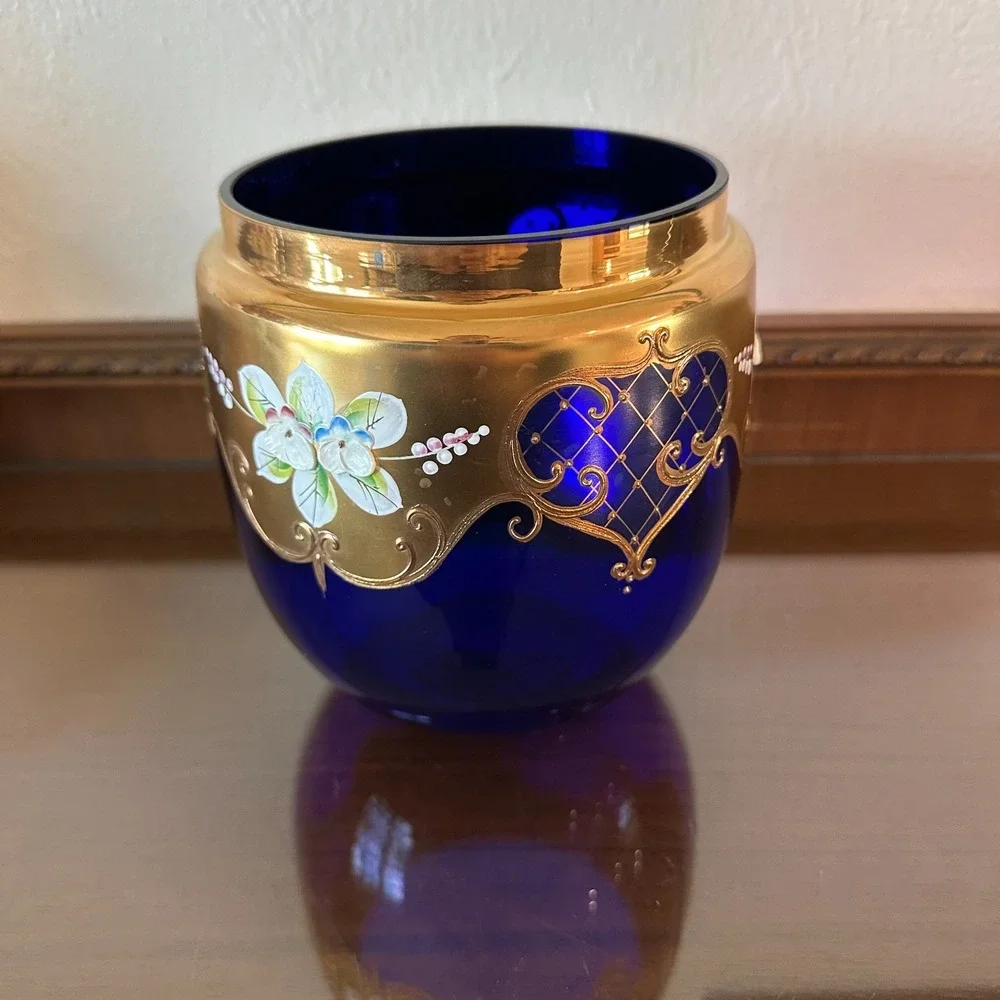 VTG Egermann Bohemian/Czech Cobalt Blue Vase Gold Gilded Enameled 3D Flowers 6.5